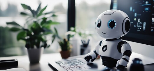 Poster - Cute humanoid robot sitting on desk in modern office environment, surrounded by plants and computer setup, showcasing advanced technology and design, copy space for text
