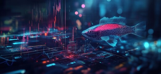 Aufkleber - digital fish swimming through data streams, vibrant colors, abstract technology background, futurist
