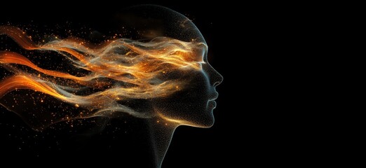 Poster - abstract representation of a woman's profile with flowing golden and orange energy, symbolizing crea