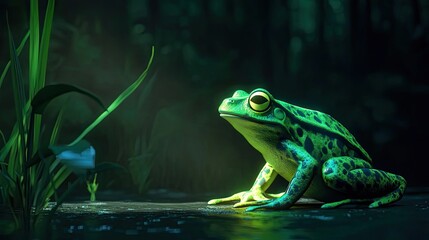 Wall Mural - Green Frog Sitting by Water Near Plants