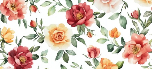  Floral Pattern with Vibrant Roses and Leaves in Watercolor Style, Featuring Peonies, Tulips, and Budding Flowers on White Background, copy space for text