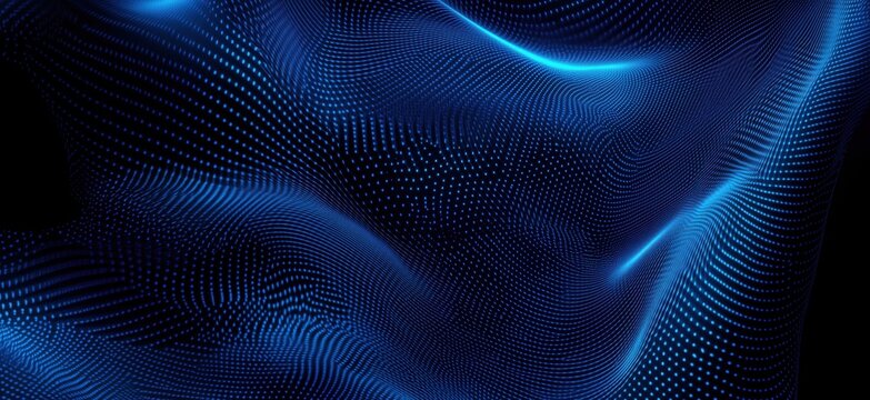Abstract blue wave pattern with glowing dots and smooth curves, representing digital technology and data visualization, copy space for text