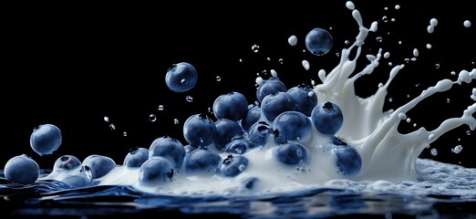 Poster - Blueberries splashing in milk creating dynamic visual effect with droplets and creamy texture, copy space for text