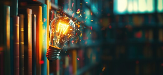 Poster - illuminated light bulb suspended among books in library, symbolizing knowledge and inspiration, vibr