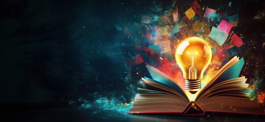 Poster - illuminated light bulb emanating from open book with colorful abstract background representing ideas