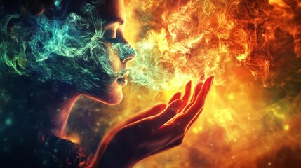 Poster - Woman's face, hands, colorful smoke, fiery background.