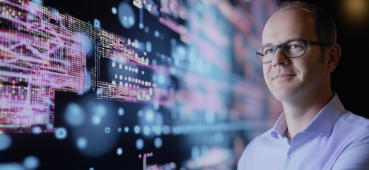 Poster - Data scientist analyzing digital data visualization with advanced technology, showcasing insights and analytics in a modern workspace, copy space for text
