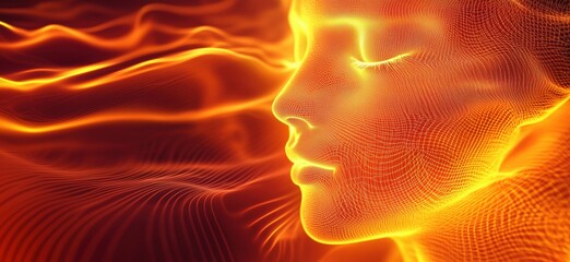 Poster - Digital representation of serene human face with glowing wireframe and flowing waves, symbolizing tranquility and technology, copy space for text