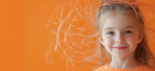 Poster - Smiling girl with flowing hair against vibrant orange background, showcasing joy and innocence, copy space for text