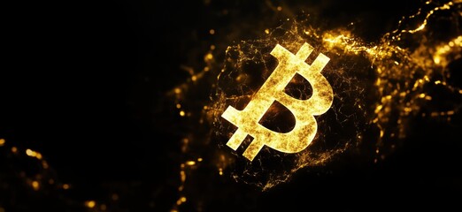 Poster - bitcoin symbol glowing in golden light against dark background, representing cryptocurrency and digi