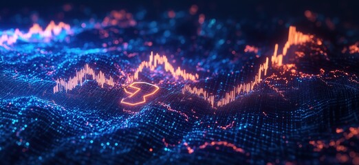 Poster - Dynamic financial data visualization with glowing graphs and charts representing market trends and fluctuations, copy space for text