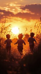 Canvas Print - Children running towards a sunset in a grassy field during golden hour