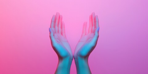 Poster - World Cancer Day concept. Open hands against a colorful gradient background.