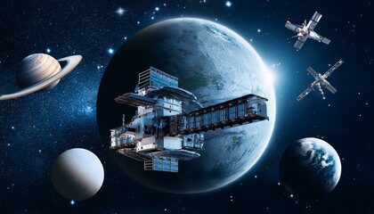 Wall Mural - a spaceship sailing through deep, dark space