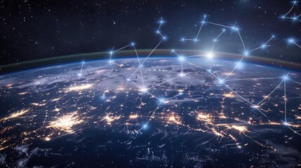 Poster - Global telecommunication network around the World with connections between data centers or satellites. Planet Earth from space, concept for connected internet, IoT, blockchain,
