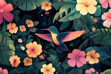 Poster - Hummingbird in Flight Amidst Lush Tropical Flowers