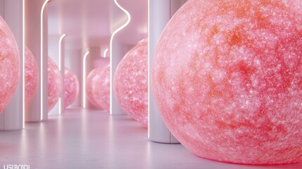 Poster - Abstract pink spheres in modern architectural space with soft lighting effects