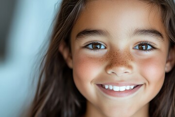 Wall Mural - This image captures a radiant girl with charming freckles and a warm smile, embodying joy and innocence in a bright and cheerful atmosphere.