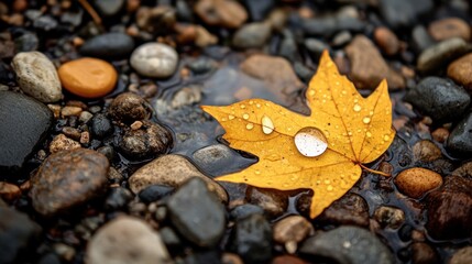 A vibrant yellow leaf rests on smooth pebbles, glistening with water droplets, capturing the essence of nature's beauty and tranquility.