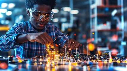 Poster - Young engineer assembling electronic components in a high-tech workshop using advanced tools