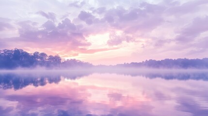 Wall Mural - Serene Lavender Sunrise over Misty Lake