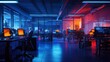 © Designs to Display - A high-tech coworking area with dynamic lighting, standing desks, and futuristic modular workstations.