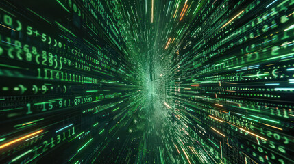 Poster - binary digital codes that rush to the center, creating the effect of movement in space or a cyber tunnel,.     