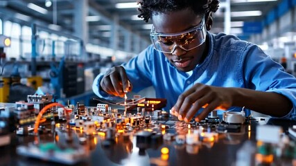 Poster - Young engineer working with circuit components in a modern laboratory setting
