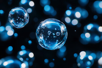 Poster - Glowing transparent water spheres floating on dark background.