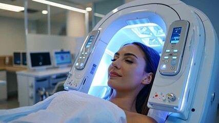 Poster - In a cutting-edge hospital, a patient relaxes while receiving advanced stem cell treatment with AI technology. The room is bright, featuring modern equipment designed for comfort and efficiency.