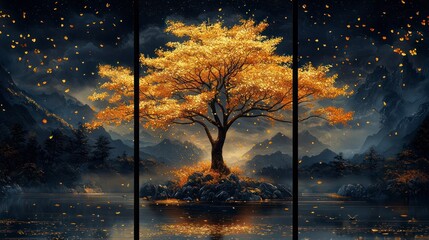 Wall Mural - Golden tree triptych, autumn leaves falling.