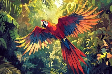 Poster - Scarlet Macaw in Flight Through Lush Tropical Foliage