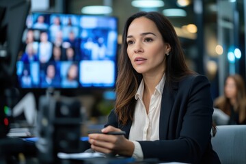 A confident woman is poised and speaking directly into the camera in a vibrant media environment, showcasing her professional presence and authority in journalism.