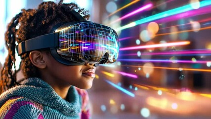 Poster - Young girl engages with innovative virtual reality technology in vibrant urban setting
