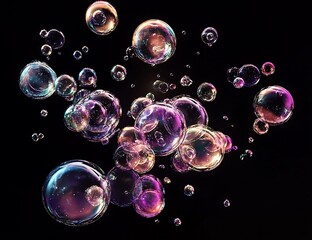 Poster - Iridescent soap bubbles floating on black background. (2)