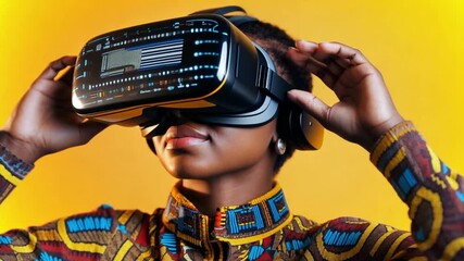 Poster - Young child explores virtual reality technology in bright colored setting with immersive headset