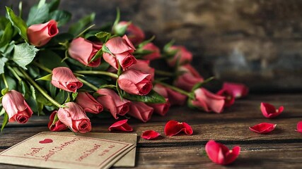 Poster - This beautiful arrangement of pink roses is accompanied by scattered petals and a romantic card.