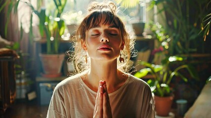 Aufkleber - A person engages in a calming meditation practice at home, surrounded by vibrant plants and soft natural light. The serene atmosphere promotes relaxation and mindfulness.