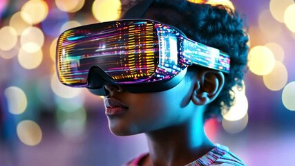 Poster - Child experiencing virtual reality with colorful futuristic headset in a vibrant environment