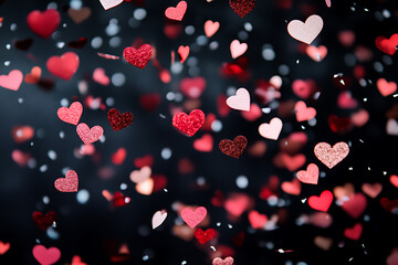 Poster - Red and pink heart confetti falling on dark background.
