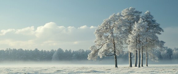 Sticker - Frosty winter landscape with snow-covered trees and misty forest.