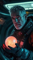 Wall Mural - astronaut holding glowing orb in futuristic setting