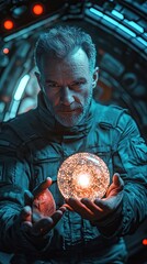 Wall Mural - a mature man in a spacesuit holds a luminous orb