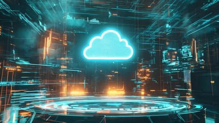 Poster - Innovative cloud gaming technology displayed in a futuristic digital environment with neon lights