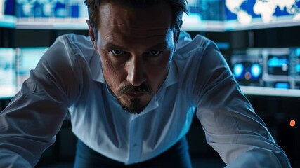 Leinwandbilder - A man is deeply focused on the data displayed around him in a high-tech control room. The environment is illuminated by blue light, contributing to the serious atmosphere.