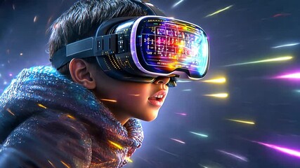 Poster - Child experiences immersive virtual reality in vibrant digital environment