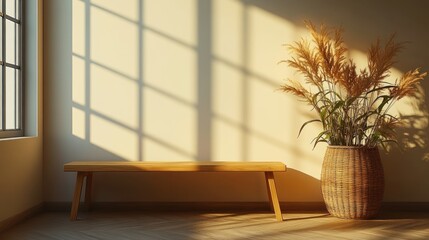 Poster - Cozy interior with sunlight, bench, and decorative plant.