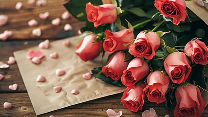 Poster - This Bouquets of vibrant red roses lay surrounded by heart shaped petals on a rustic wooden table.