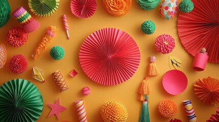 Wall Mural - Vibrant and Festive Flat Lay of Colorful Paper Decorations for Celebrating the Chinese New Year with Happy Elements to Usher in the Lunar Festival