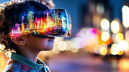 Poster - Child exploring a vibrant city through virtual reality in an urban setting at night